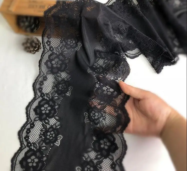 1 метр Эластичной кружевной отделки черного цвета Черного цвета для аксессуаров одежды, аппликаций для шитья платьев, костюмов, эластичных кружевных тканей 23 см