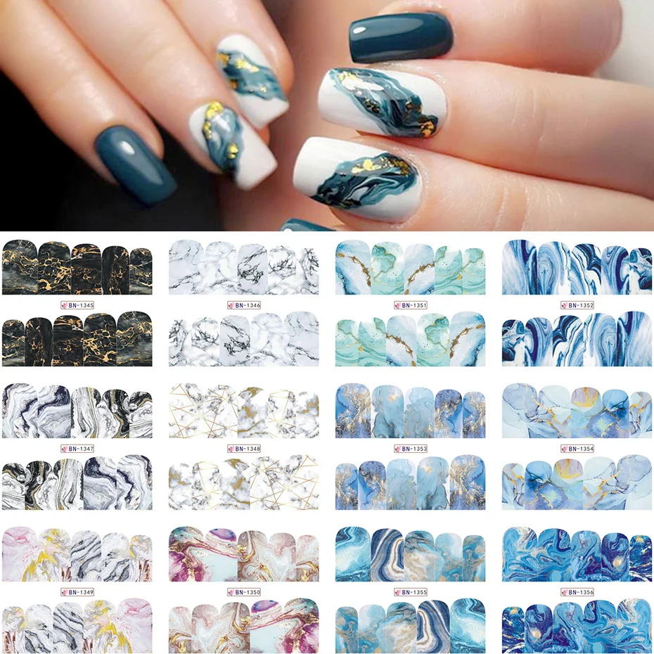 12шт Наклейки для ногтей с мраморным дизайном, временная татуировка, лак для ногтей, аниме-наклейки, слайдеры с цветами и леопардом, мультфильмы NLBN1345-1356
