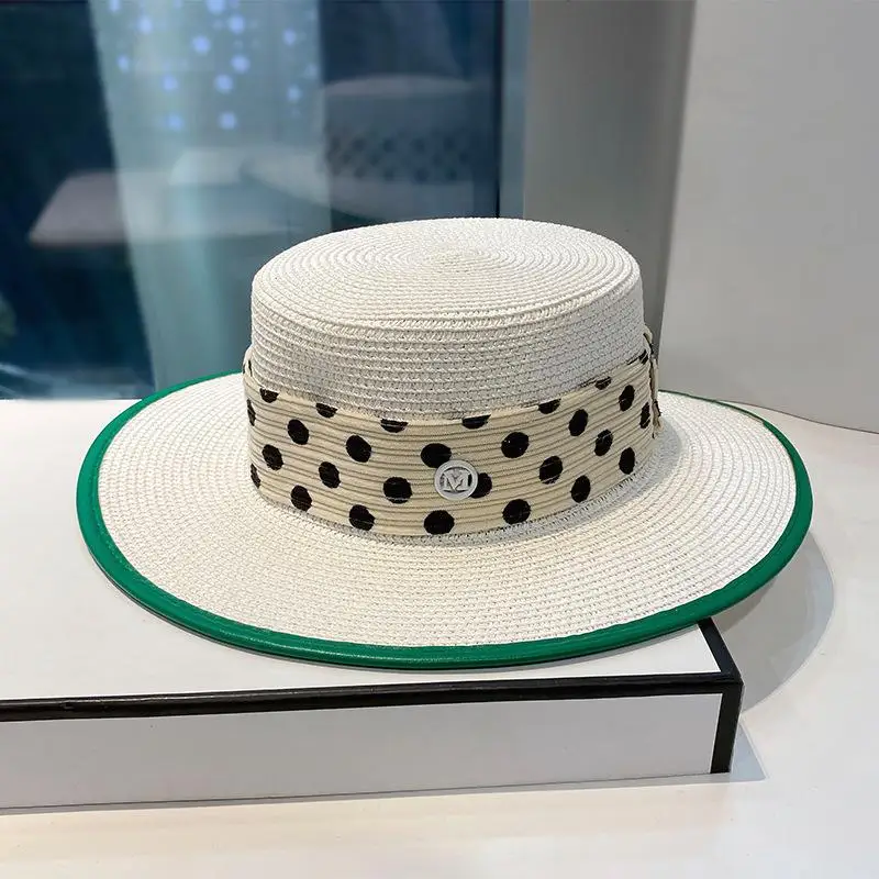 2022 Модная Зеленая Шляпа от солнца из натуральной соломы с окантовкой из искусственной кожи для отдыха и Пляжная шляпа для дам