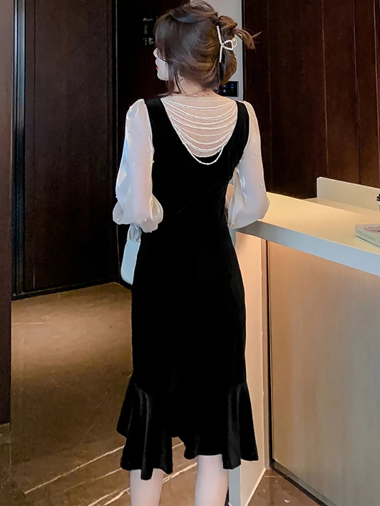 2023 Черное бархатное сетчатое сексуальное клубное платье Миди с открытой спиной, женское роскошное вечернее платье для выпускного вечера, осенне-зимнее элегантное платье Русалки