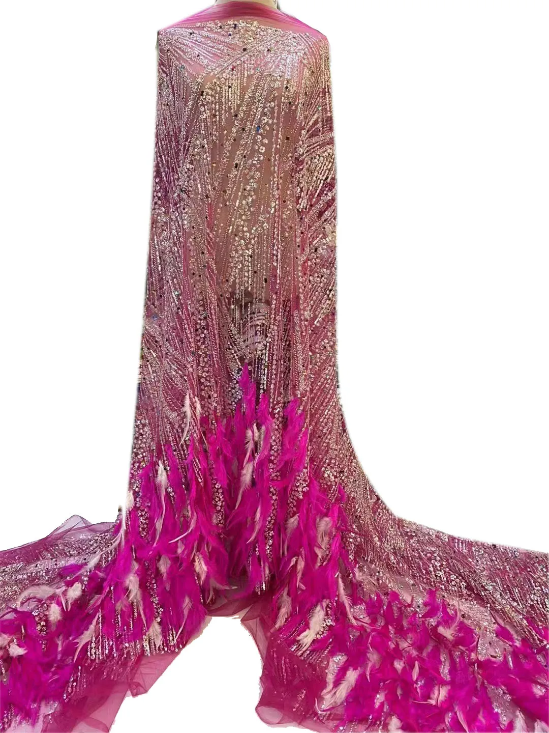 2023 новая роскошная и изысканная кружевная ткань с 3D перьями и блестками, высококачественная тюлевая ткань с трубкой из бисера, модное вечернее платье /5 ярдов