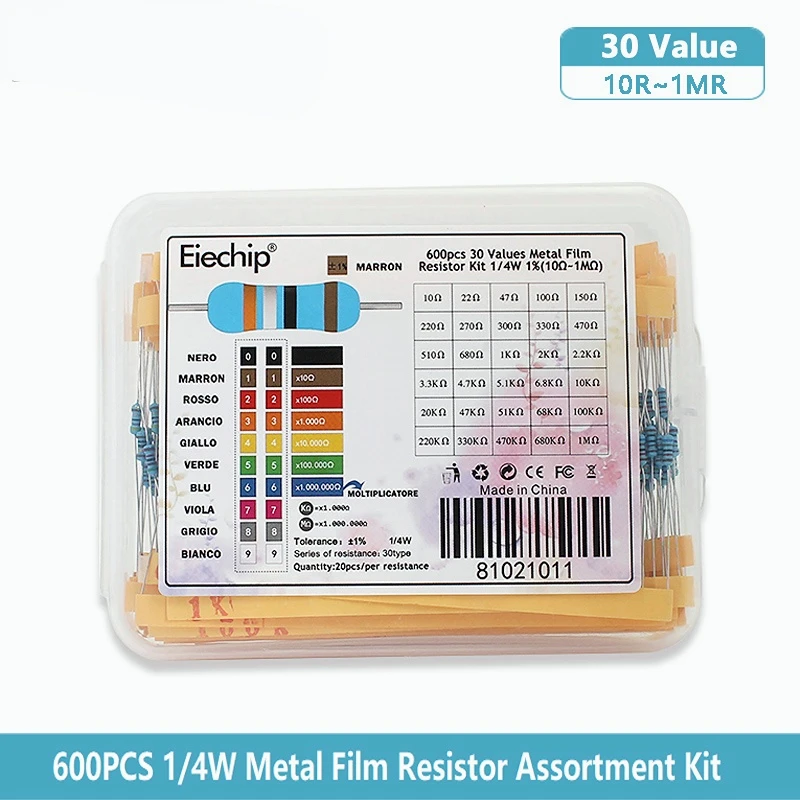 300-600 шт 1/4 Вт Комплект металлических пленочных резисторов Набор из 30 значений Резисторов Упаковка 10R ~ 1 М Набор резисторов DIY Electronic Kit Box 1K 10K Ом