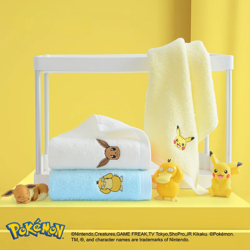 3шт Детское полотенце для лица Pokémon Pikachu Psyduck из чистого хлопка для домашнего мытья лица, Мягкое Впитывающее Милое Мультяшное полотенце, подарки для детей