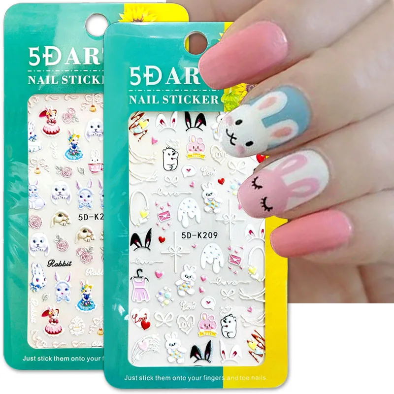 5D Милые наклейки для ногтей Наклейки для дизайна ногтей с изображением мультяшного кролика и медвежонка в виде сердца, наклейки для ногтей с изображением кролика Каваи, украшения для ногтей для дизайна ногтей