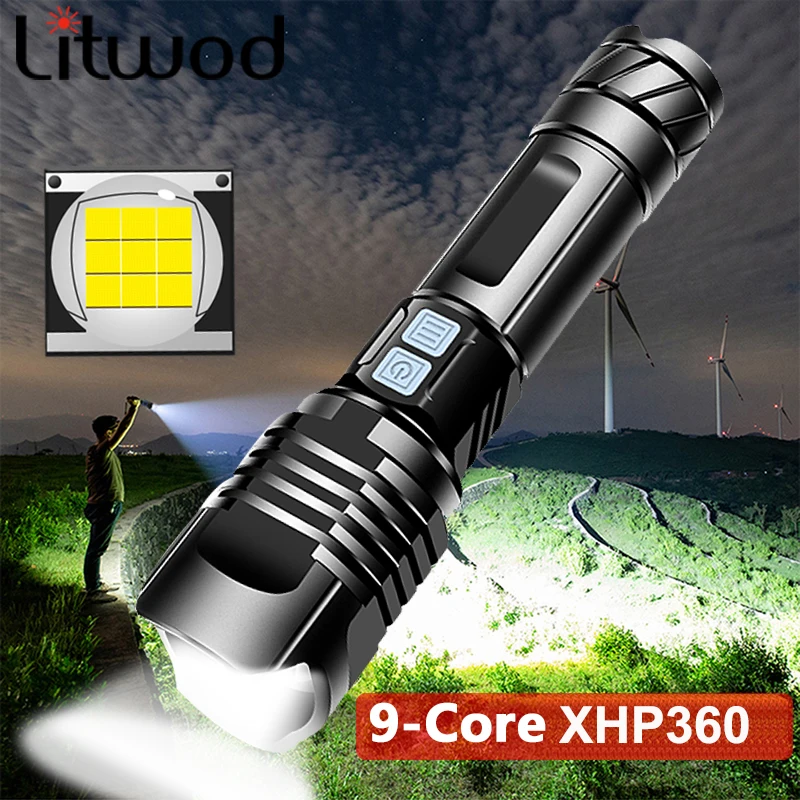 9-Ядерный XHP360 Высококачественный Мощный Тактический Светодиодный Фонарик с Масштабируемым Факелом Usb Перезаряжаемый 18650 или 26650 Battey Lantern Light
