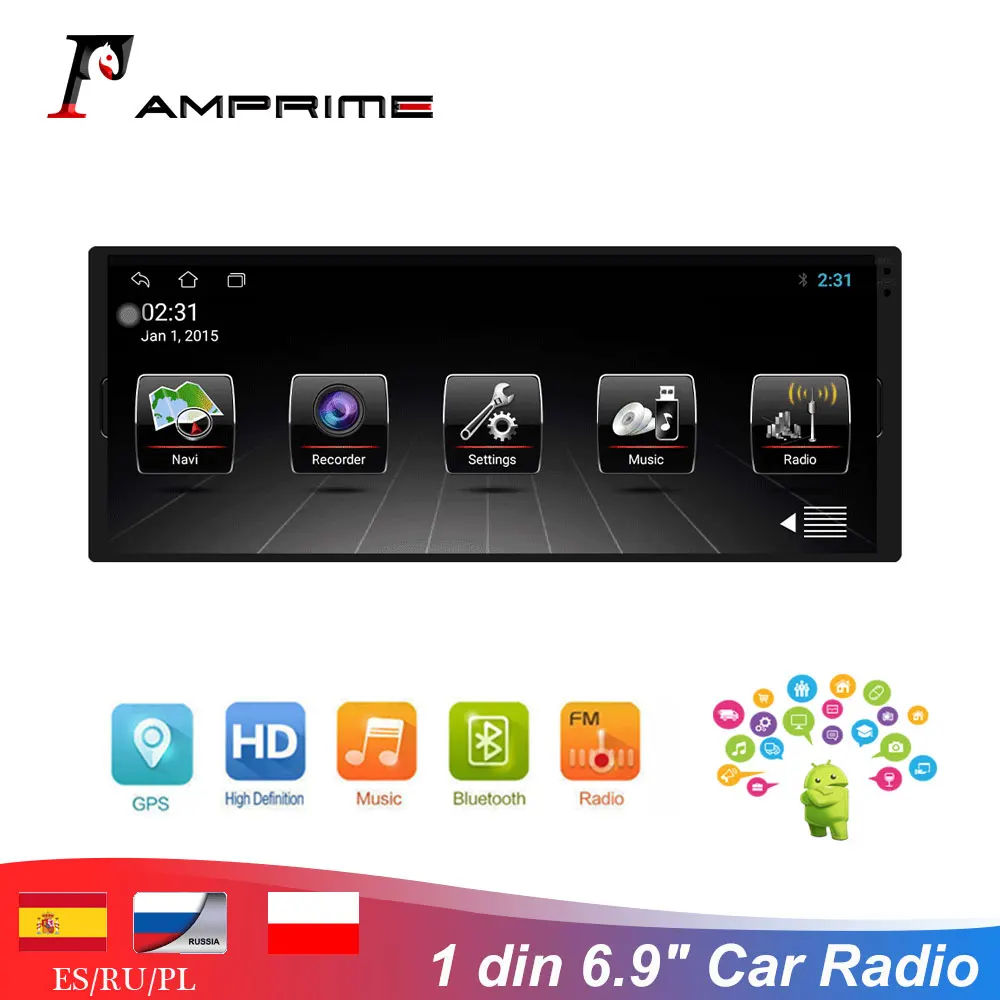 AMPrime Android 1 din 6,9-дюймовый HD Мультимедийный Плеер Автомобильный Радиоприемник С Разделенным Экраном Встроенный GPS WIFI USB Bluetooth 1din Автомобильный стерео Радиоприемник