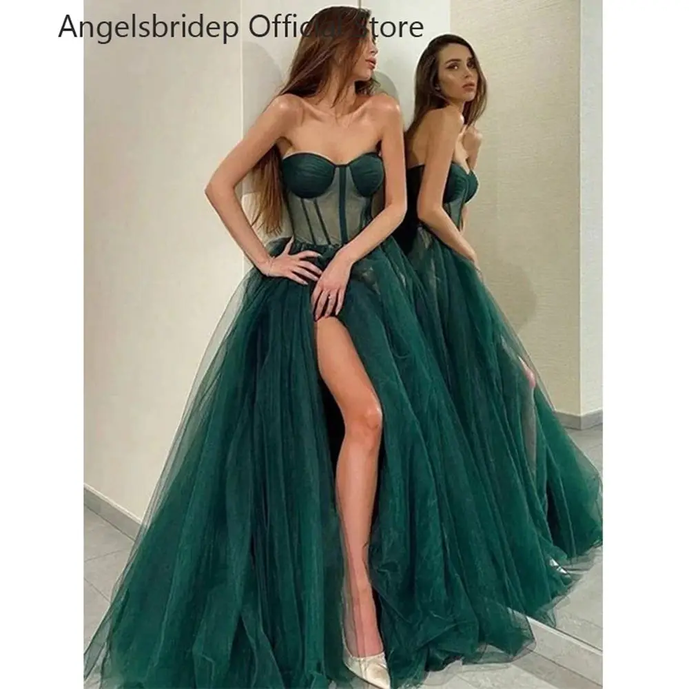 Angelsbridep Элегантное Зеленое платье для выпускного вечера с разрезом для ног, тюлевые вечерние платья со складками, выпускные платья для вечеринок, Vestido De Noche