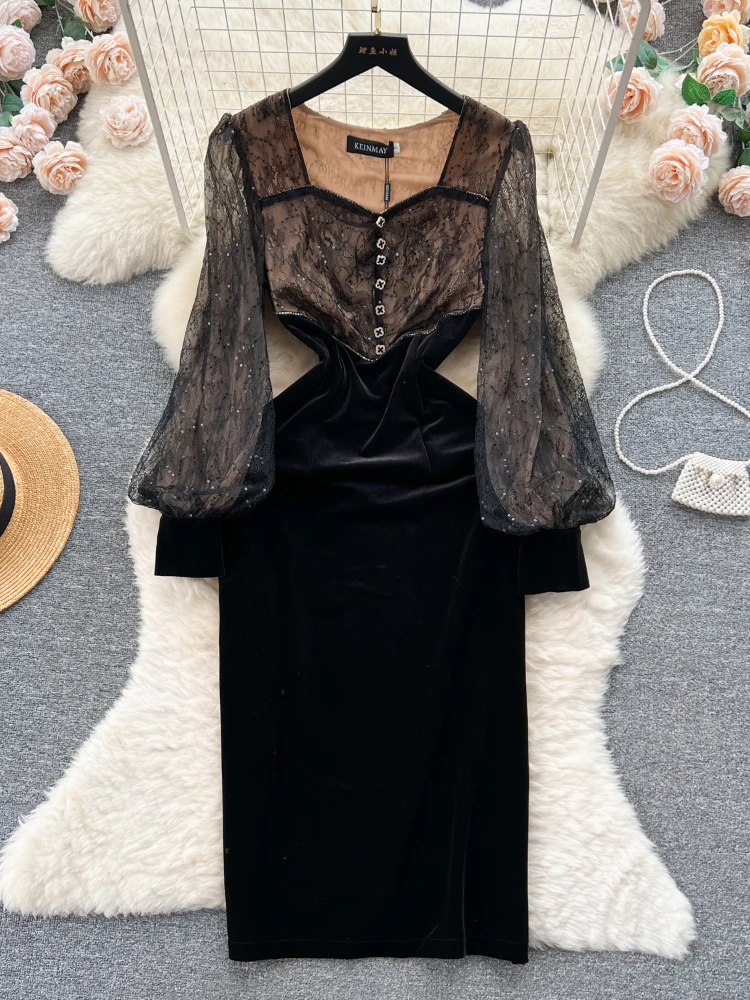 FTLZZ Осень-Зима, Офисное платье с квадратным воротником и пышными рукавами, Винтажное Женское Кружевное Сетчатое платье в стиле Пэчворк, Черное Облегающее платье