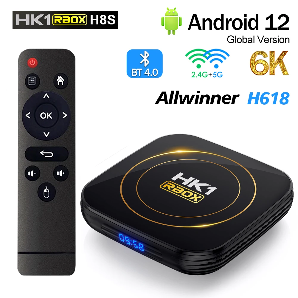 HK1 RBOX H8S Android 12 TV Box Allwinner H618 BT4.0 2G16G Медиаплеер 2,4 G и 5G Двойной Wifi 6K HD 4G64GB Смарт-приставка