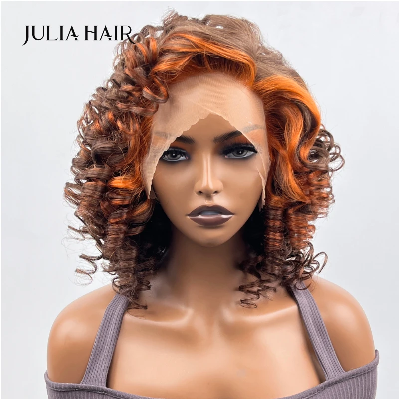 Julia Hair 13x4 Кружевной Фронтальный Короткий Парик Цвета Мокко С Локонами, Зачесанной Челкой И Рыжим Мелированием, Вьющиеся Волнистые Предварительно Выщипанные Парики