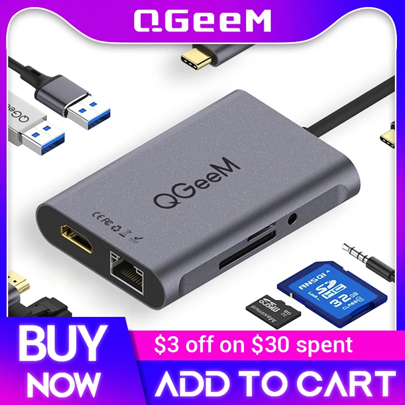 QGeeM 8 В 1 USB C Концентратор для Macbook Pro USB Hub 3,0 Адаптер PD HDMI RJ45 TF SD 3,5 мм Aux Type C Концентратор для iPad Pro Разветвитель Док-станции