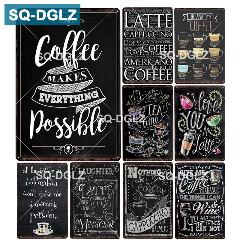 [SQ-DGLZ] Металлическая вывеска кофейного меню, Декор стен для кофе-брейка, Кофейная Черная Жестяная Вывеска, Таблички, Художественный плакат