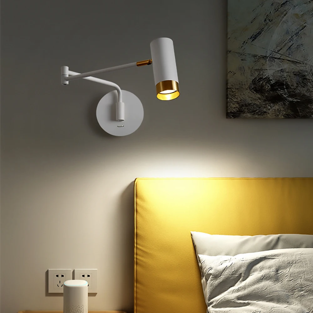 Sanmusion светодиодный настенный светильник домашний лофт спальня изголовье кровати с длинной рукояткой регулируемые лампы для чтения e27 220v лампа из алюминиевого сплава