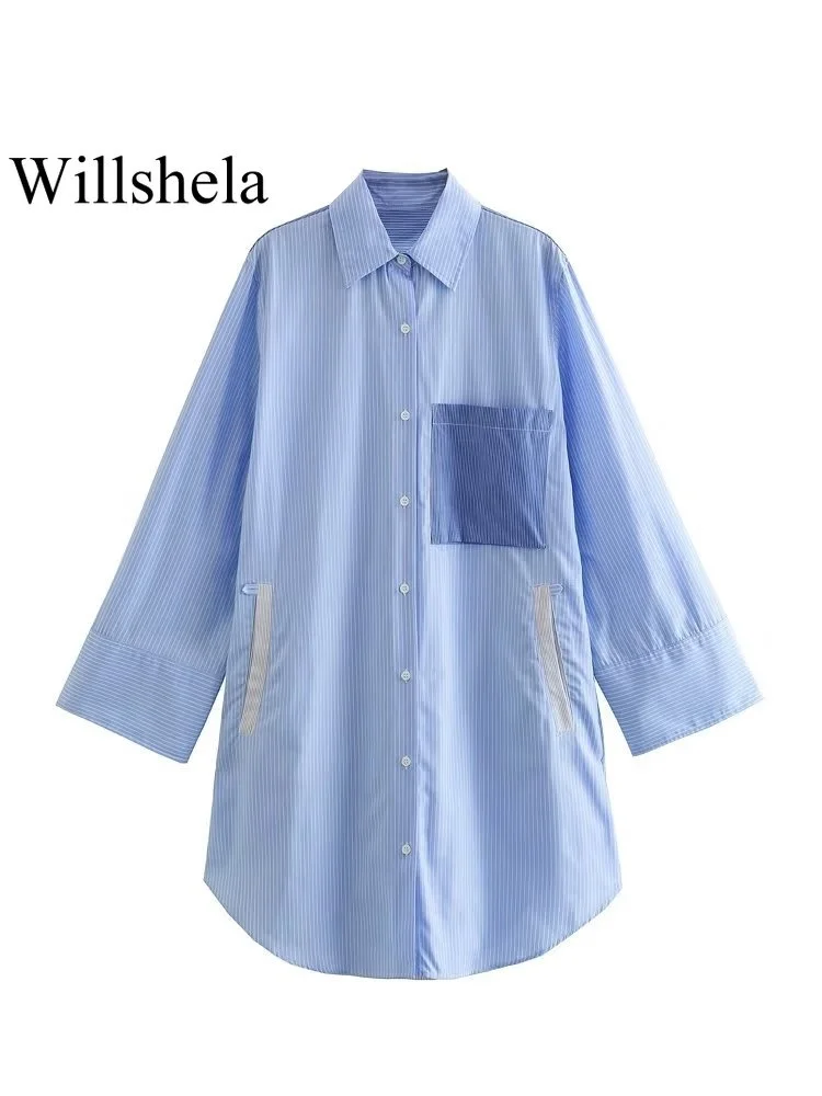 Willshela Женское Модное Синее Лоскутное Однобортное мини-платье-рубашка в винтажном стиле с отворотом и длинными рукавами, женские Шикарные платья для леди