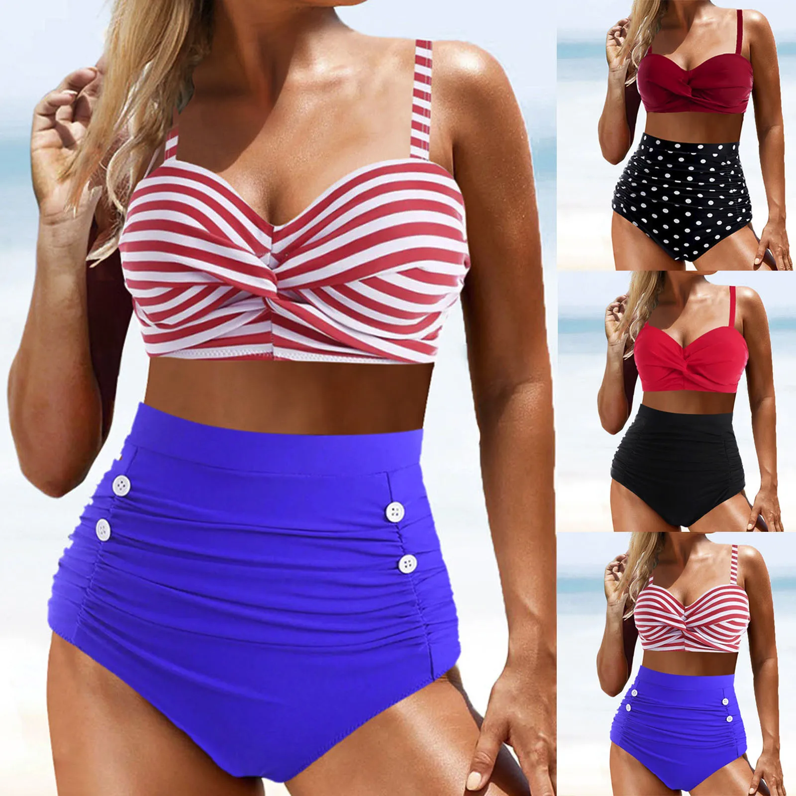 Women Biquinis Stripes Wave Point Swim Suit Print Sexy Push-up Padded Bra Beach  Bikini Set Купальник Женский Раздельный
