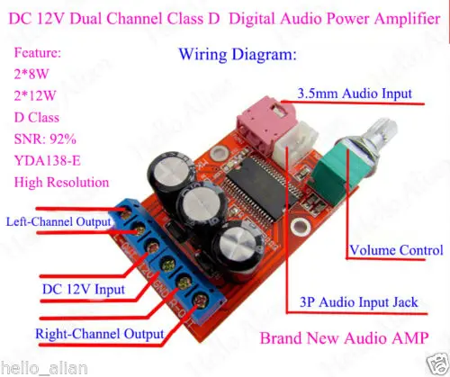 YDA138-E 12 Вт + 12 Вт Двойная двухканальная 2-Канальная плата цифрового аудиоусилителя DC 12 В модуль усилителя