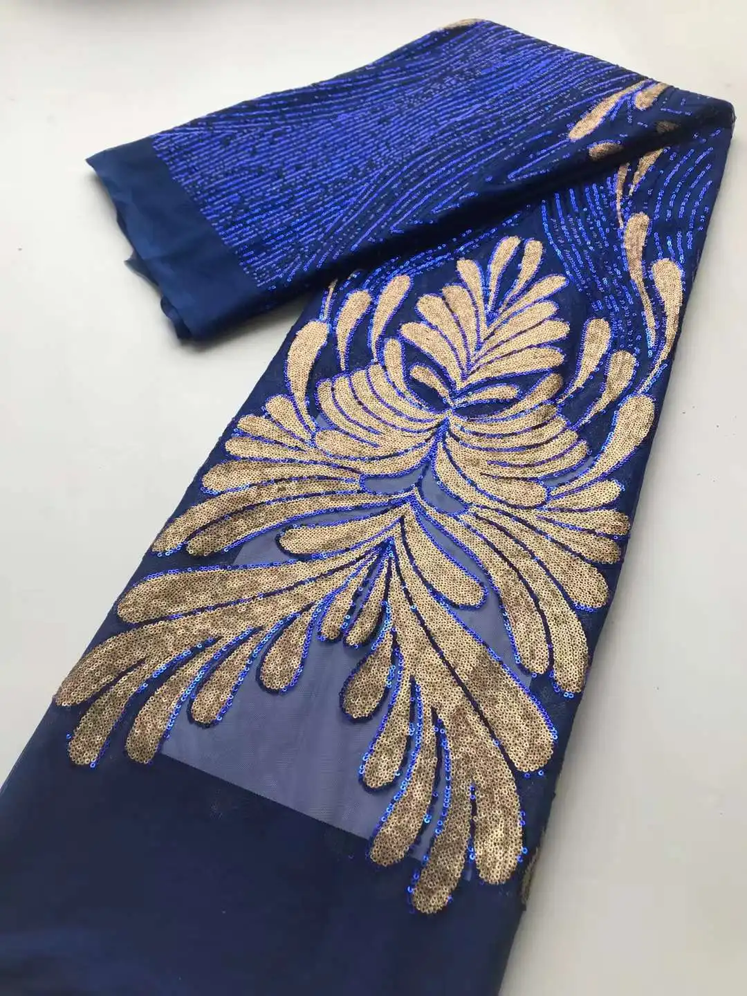 Африканская кружевная ткань BLUIE GOLD 2023 С вышивкой из Нигерийских кружев Высококачественная кружевная ткань из французского тюля с блестками