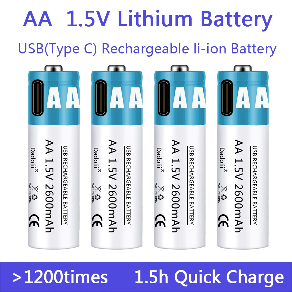 Батарея AA 1,5 В, Литий-ионная аккумуляторная батарея AA с USB-кабелем, литий-полимерные батареи Type-C для игрушечного пульта дистанционного управления MP3