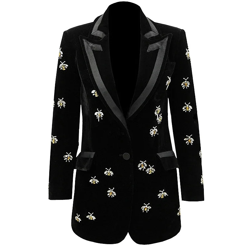 Весенне-осенний бархатный женский жакет, модный Черный блейзер с вышивкой Пчелами, длинный костюм, пальто для женщин, роскошные бренды, одежда для званых ужинов