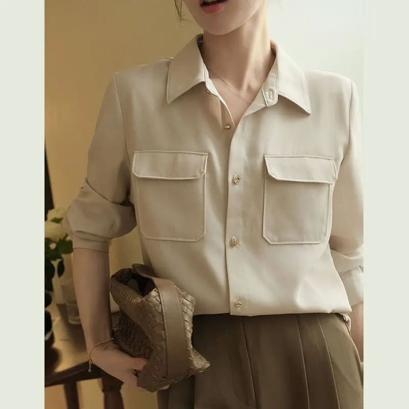 Весенние блузки в стиле пэчворк с карманами, женские Свободные универсальные рубашки с длинным рукавом, Офисная модная Повседневная женская одежда