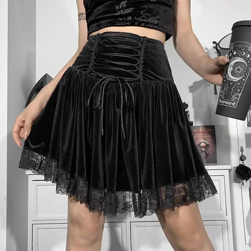 Готическая сексуальная девушка с цветочной кружевной отделкой, бархатная юбка трапециевидной формы, женская бандажная мини-юбка с высокой талией, уличный костюм для косплея в стиле панк