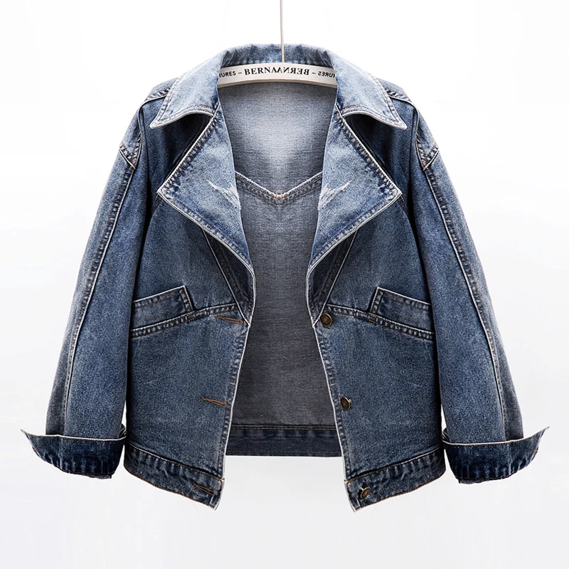 Демисезонная Модная Короткая джинсовая куртка Женская Корейская Винтажная джинсовая куртка с длинным рукавом, женская джинсовая куртка с большим карманом, Тонкое джинсовое пальто