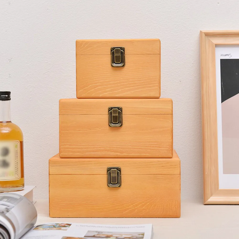 Деревянный ящик для хранения Ретро-шкатулка для ювелирных изделий Прямоугольная подарочная коробка из массива дерева с откидной крышкой, футляр для рукоделия ручной работы, украшение для дома