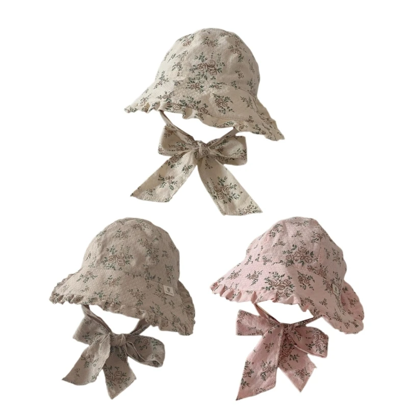 Детская Рыбацкая шляпа, панама для малышей, цветочный принт, Панама для маленьких девочек, кепка с оборками и широкими полями