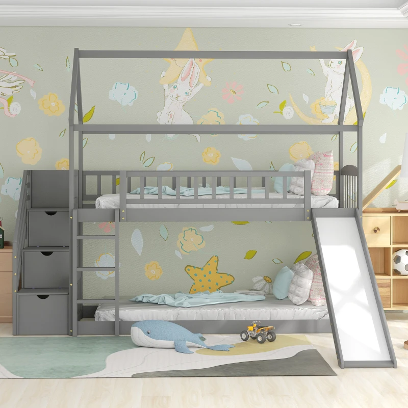 Детская двуспальная кровать из массива дерева, двухъярусная кровать на двух этажах с горкой и лестницей, лестница с полками для хранения, экономящая место