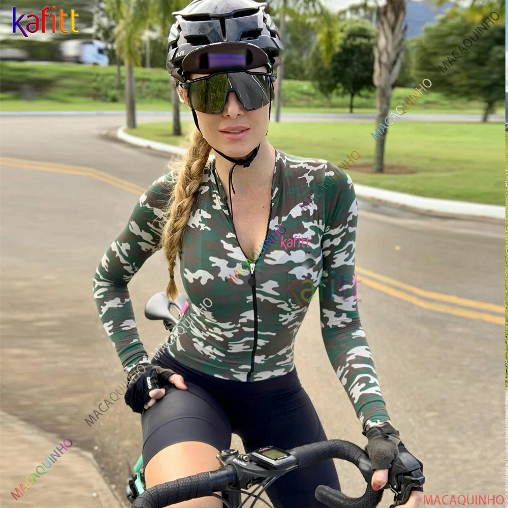 Длинный женский велосипедный костюм 2023, комплект толстовок, комбинезон, камуфляж Kafitt Brazil Little Monkey Зеленого цвета