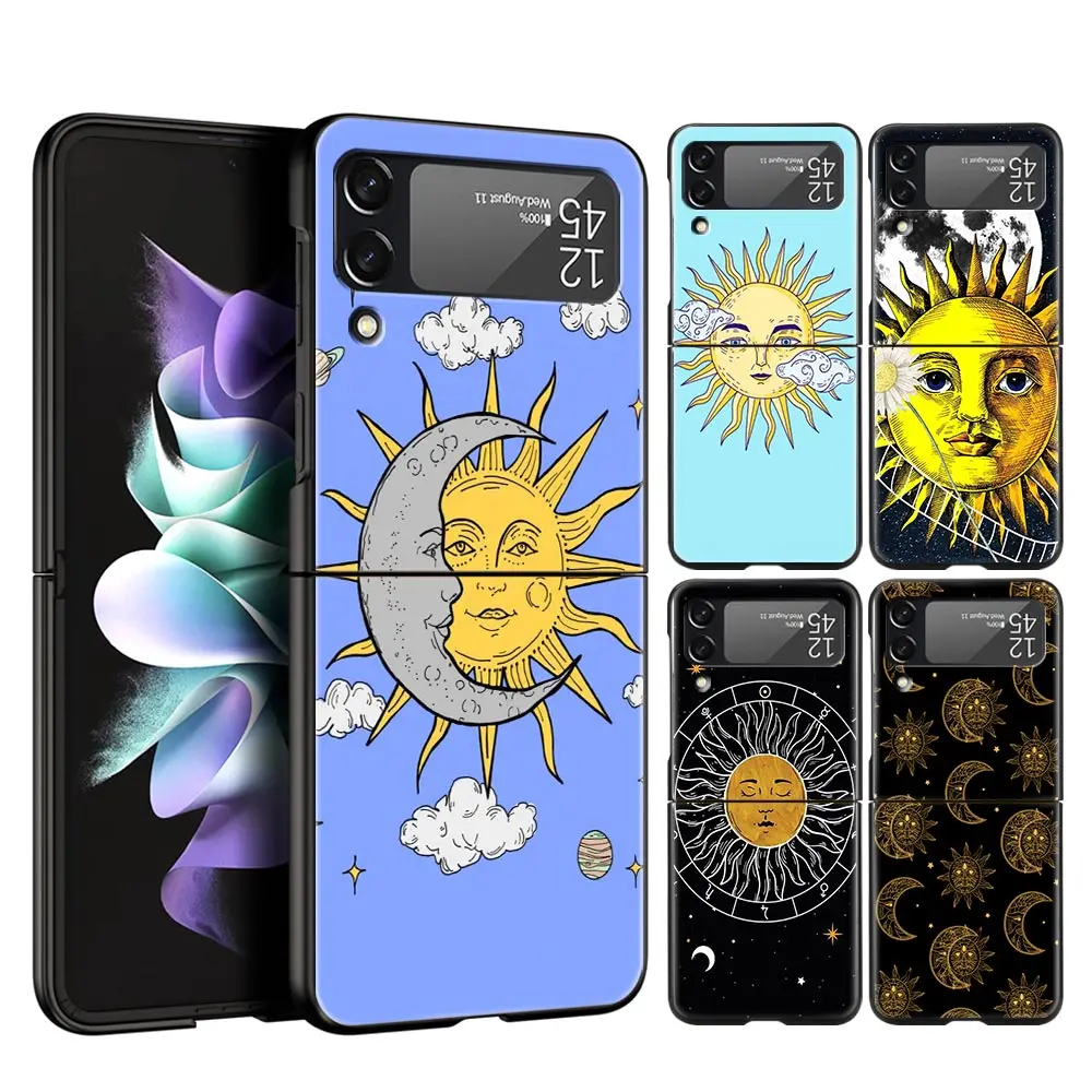 Для Samsung Galaxy Z Флип 3 4 5G жесткий черный складной чехол для ПК телефона забавное лицо Солнца и Луны для Samsung Z Flip3 Защитная крышка в виде ракушки