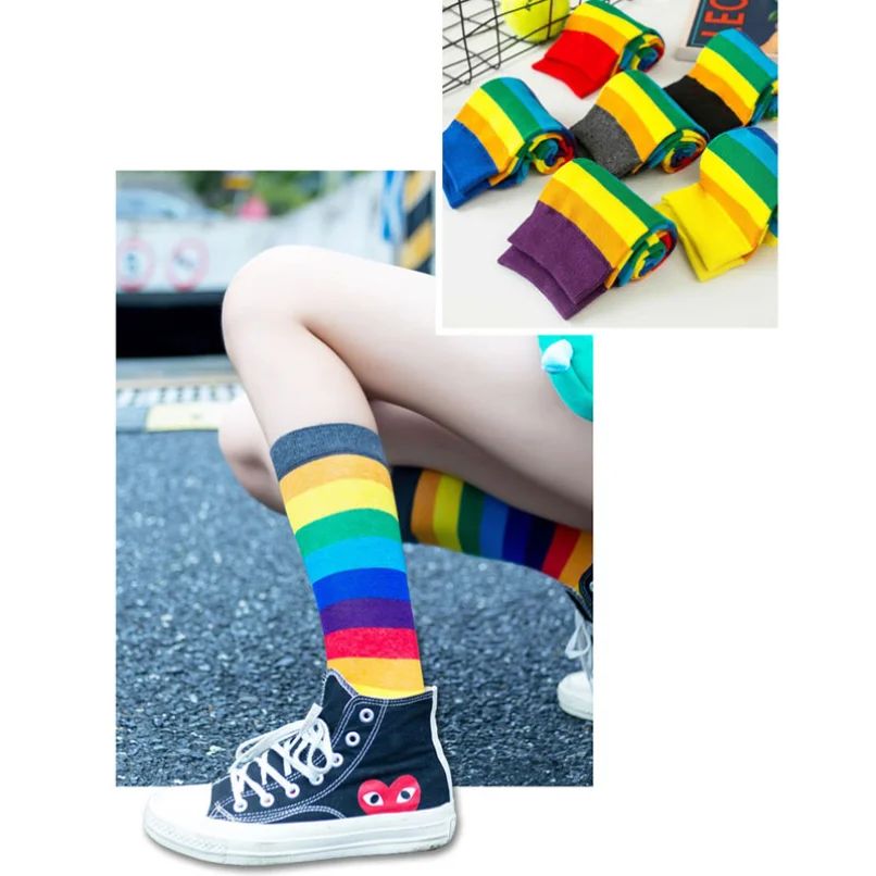 Женские носки в полоску ЛГБТ, Женская Средняя трубка, Сутулость, Харадзюку, Цветные Повседневные Спортивные Хлопчатобумажные Длинные Носки Candy Rainbow, Женская мода