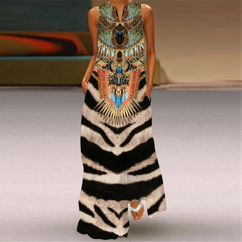 Женский сарафан с ретро-принтом 2023, летнее модное сексуальное длинное платье без рукавов с V-образным вырезом и карманом, макси-платье в европейском стиле, Vestido
