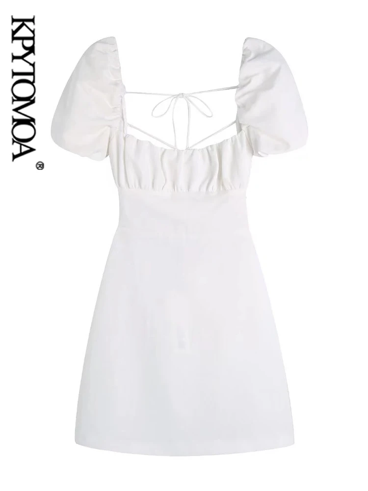 Женское модное льняное мини-платье KPYTOMOA с открытой спиной и завязками, винтажные женские платья с квадратным воротником и пышными рукавами, Vestidos Mujer