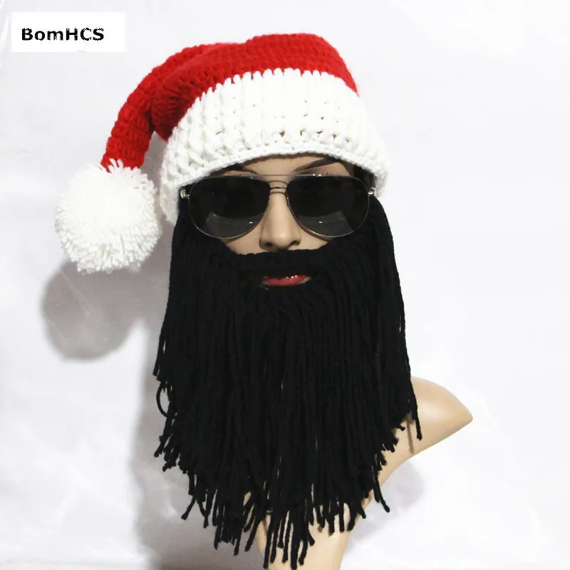 Забавный подарок от BomHCS: шапка Санта-Клауса с большой бородой, 100% вязаная Рождественская шапочка ручной работы, праздничная шапочка-маска
