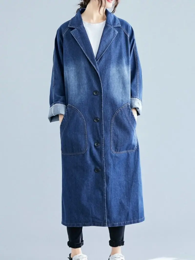 Корейская версия джинсовой куртки с большим карманом, женский длинный тренч с лацканами, куртка 2022, осенний тренч оверсайз.
