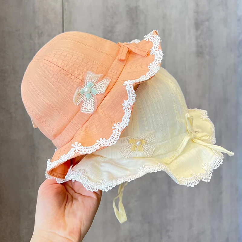Корейская версия широкополой шляпы для маленьких девочек, весенне-летняя хлопчатобумажная дышащая солнцезащитная шляпа для малышей, шляпа принцессы с кружевным бантом