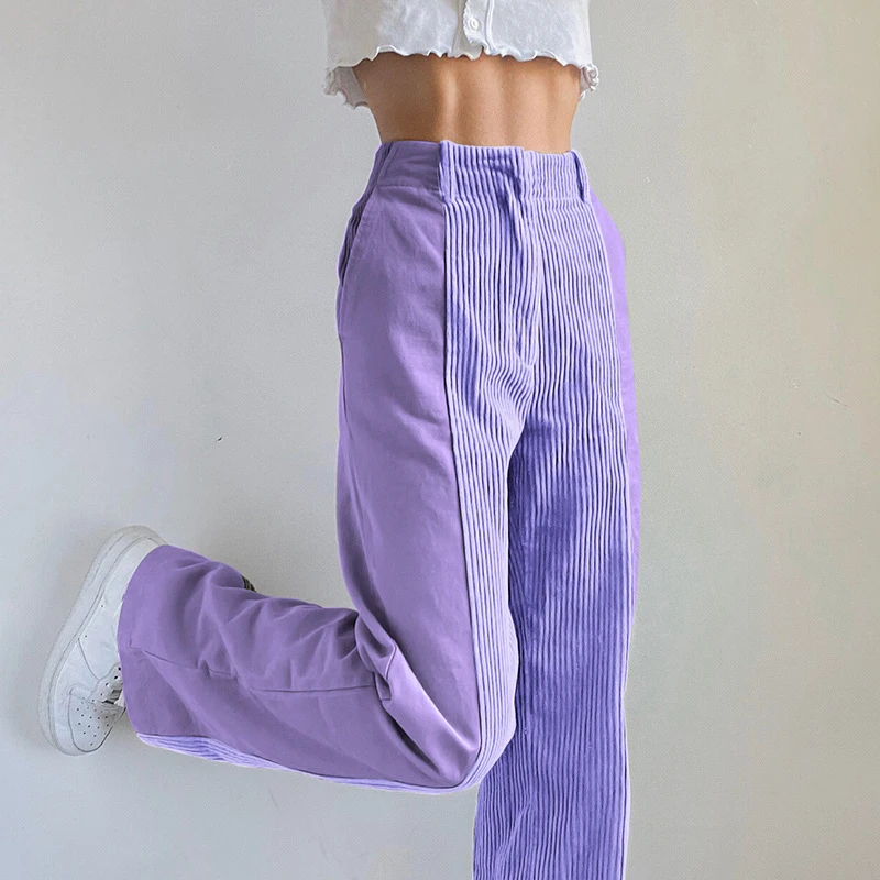 Коричневые вельветовые брюки в стиле пэчворк, женская уличная одежда, винтажные спортивные брюки Harajuku, высокая талия, широкие брюки