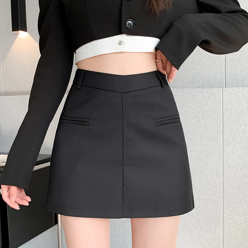 Летняя Женская мини-юбка с сплошными карманами, Корейская мини-юбка на молнии с высокой талией, Женская Повседневная Модная юбка-трапеция Harajuku, Женская