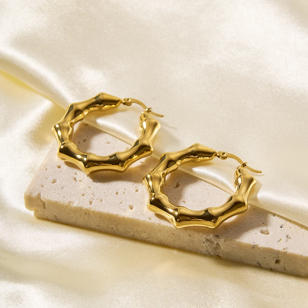 Модные серьги-кольца из нержавеющей стали с PVD покрытием 18 карат, бамбуковые серьги-кольца в форме кубика, водонепроницаемые украшения для женщин