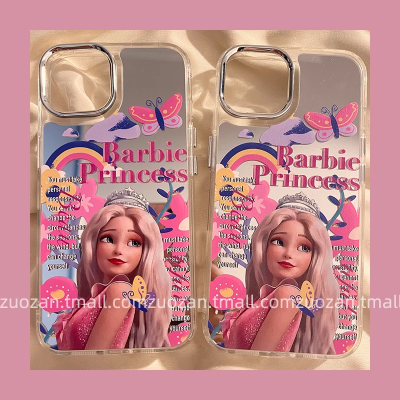 Мультяшное зеркало для макияжа принцессы Барби Iphone14Promax Аниме Kawaii Y2K для девочек Защитный чехол для мобильного телефона Силиконовая задняя крышка в виде ракушки