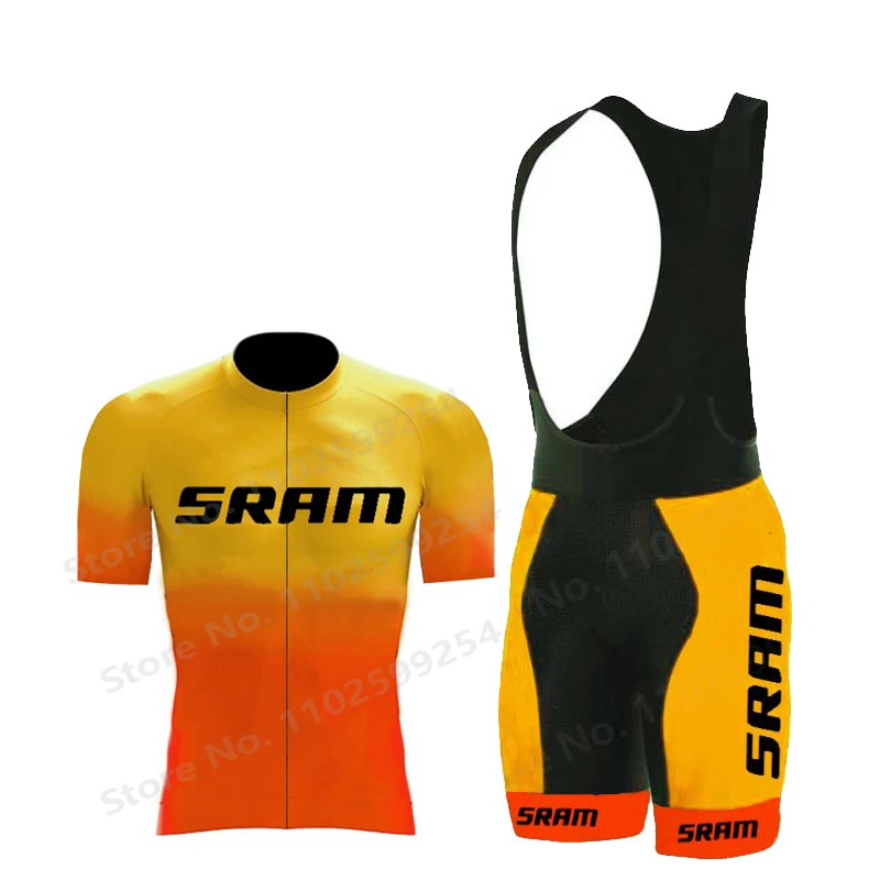 Новая велосипедная одежда с градиентом и короткими рукавами 2023, комплект из джерси для велоспорта SRAM, Дышащая мужская велосипедная форма, комплект из нагрудника и шорт.