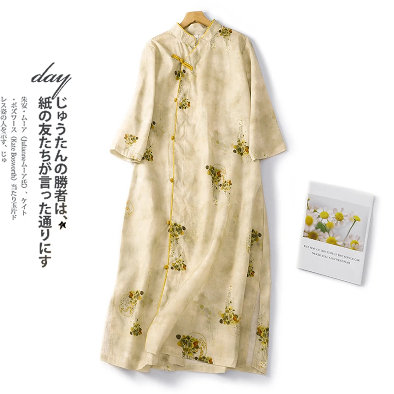 Новое поступление 2023 года, Весенне-летнее платье с цветочным принтом и воротником-стойкой в винтажном китайском стиле, халаты Cheongsam, Модное женское повседневное платье