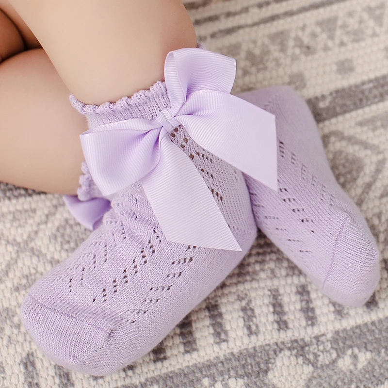 Носки для новорожденных с милым бантом, летние Мягкие хлопчатобумажные Носки для маленьких девочек, однотонные дышащие детские Сетчатые носки