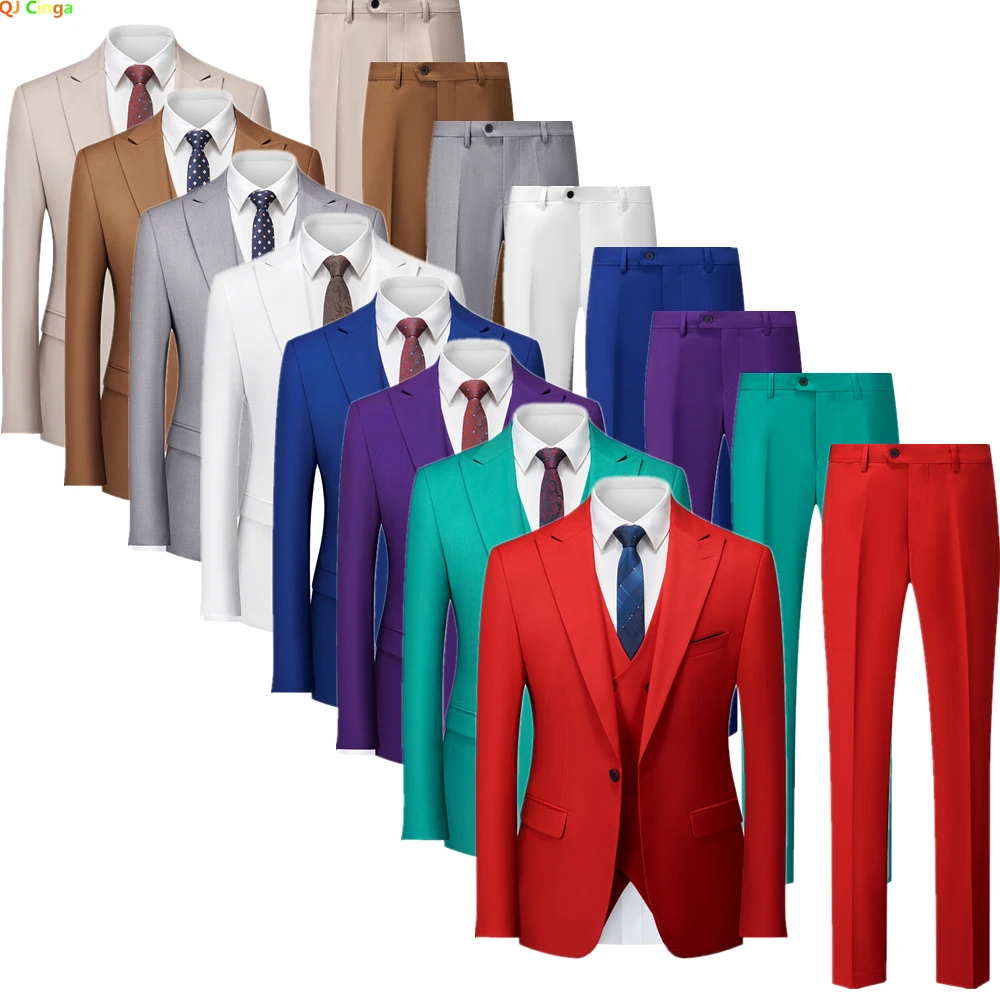 Однотонный мужской костюм, комплект из 3 предметов (куртка + жилет + брюки) Красный Синий Фиолетовый Зеленый Блейзер Жилет Брюки Мужские БелоСерые костюмы