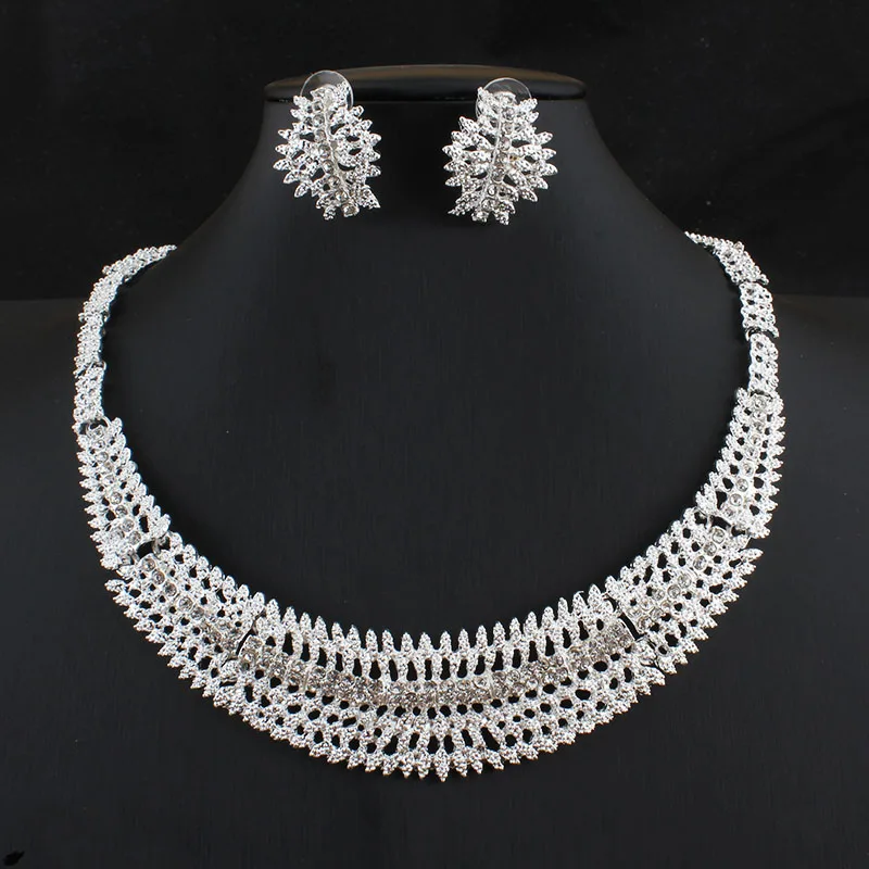 Ожерелье с кристаллами, серьги, комплект ювелирных изделий для женщин, свадебный комплект ювелирных изделий серебристого цвета