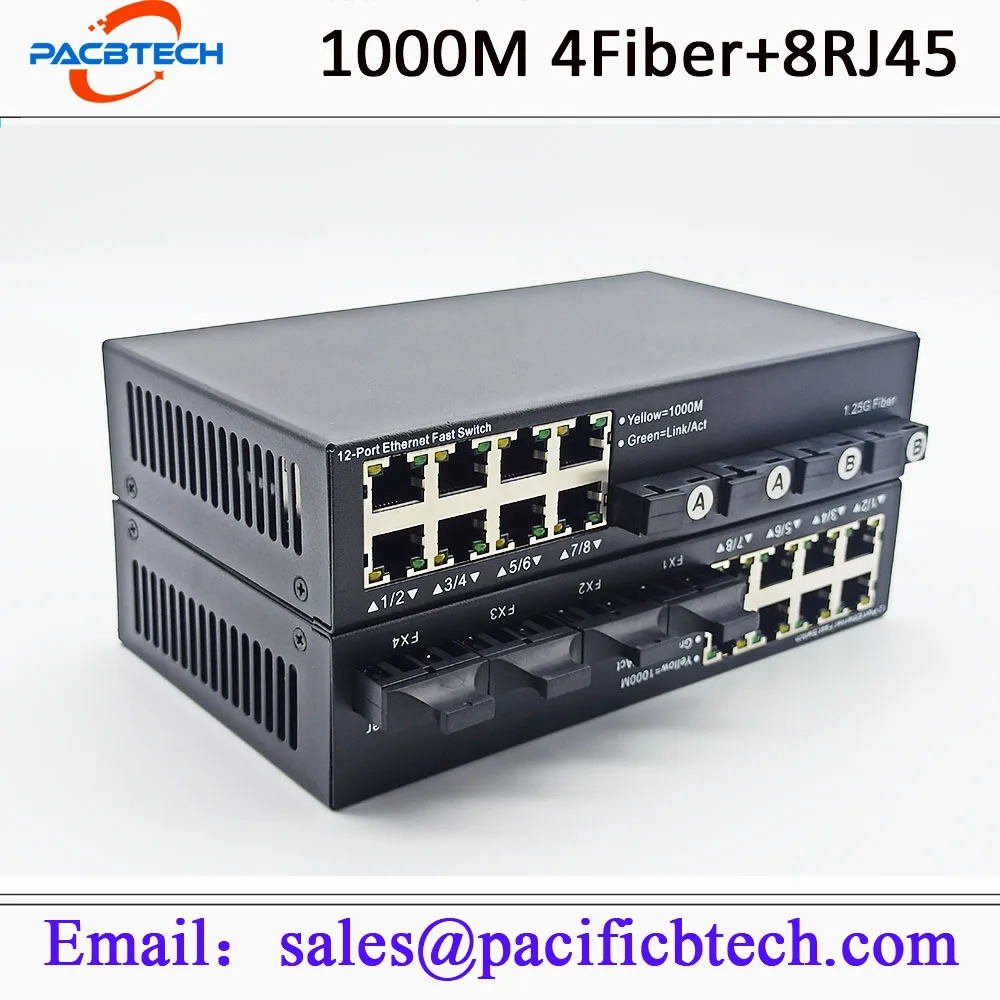 Оптоволоконный коммутатор Gigabit Ethernet Медиаконвертер 4 оптоволоконных порта 8 оптоволоконных портов RJ45 Оптический приемопередатчик 20 КМ SC в однорежимном режиме 1000 М
