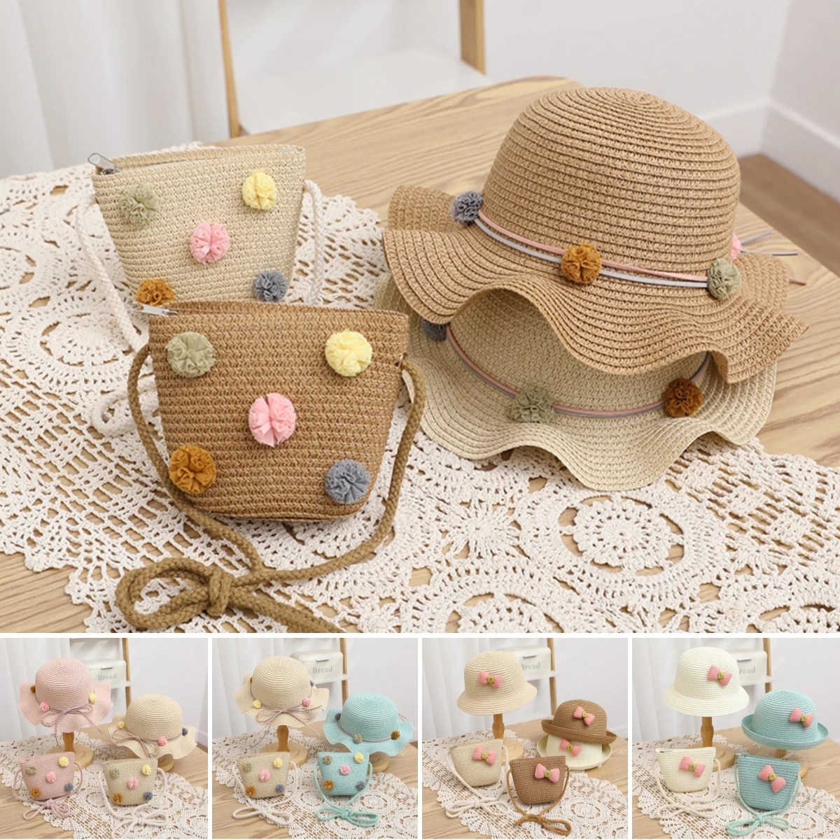 Пляжная шляпа-козырек из плетеной соломы с большими полями для девочек, пляжная шляпа с разноцветным помпоном, Летняя Гибкая Солнцезащитная кепка, сумочка для девочек, малышка