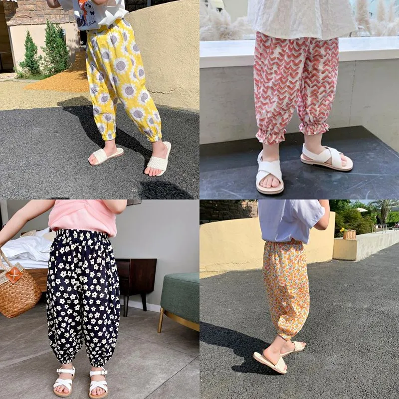 Пляжные брюки, Тонкие Универсальные брюки от комаров, модные Широкие брюки с принтом для детей от 1 до 7 лет, повседневные Свободные Винтажные брюки с цветочным рисунком