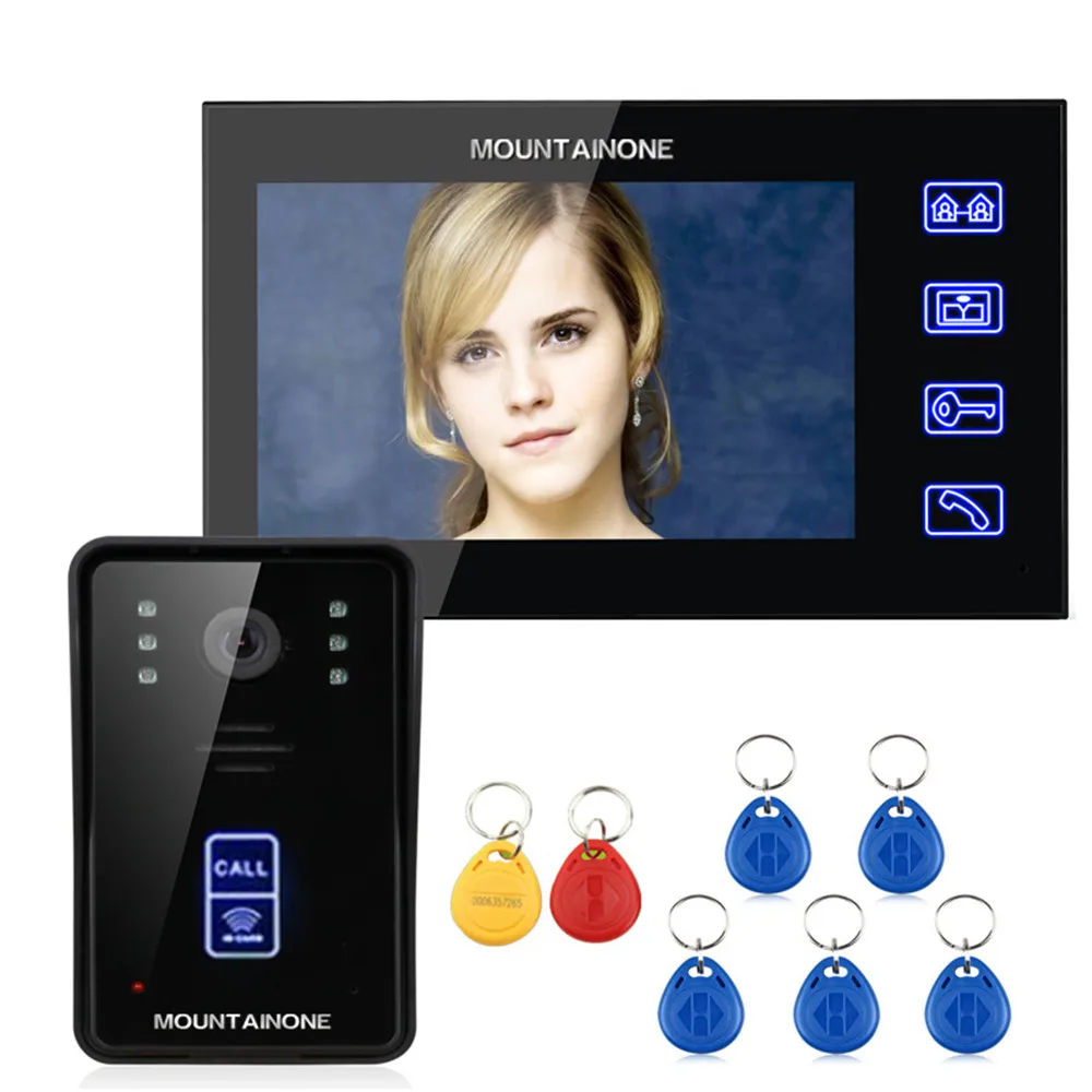 Популярный комплект видеодомофонов в Европе и США с 7-дюймовым RFID-монитором, видеодомофон, дверной звонок, сенсорная кнопка дистанционного разблокирования, ночное видение